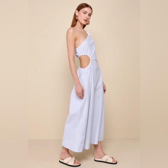 NWT Lulu’s Effortless Weekend White Striped Cutout One-Shoulder Maxi Dress - Picture 3 of 6